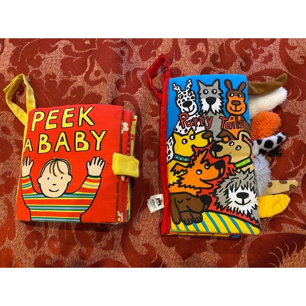 Jellycat Two Baby Books Peek A Baby Puppy Tails Soft Fabric s9